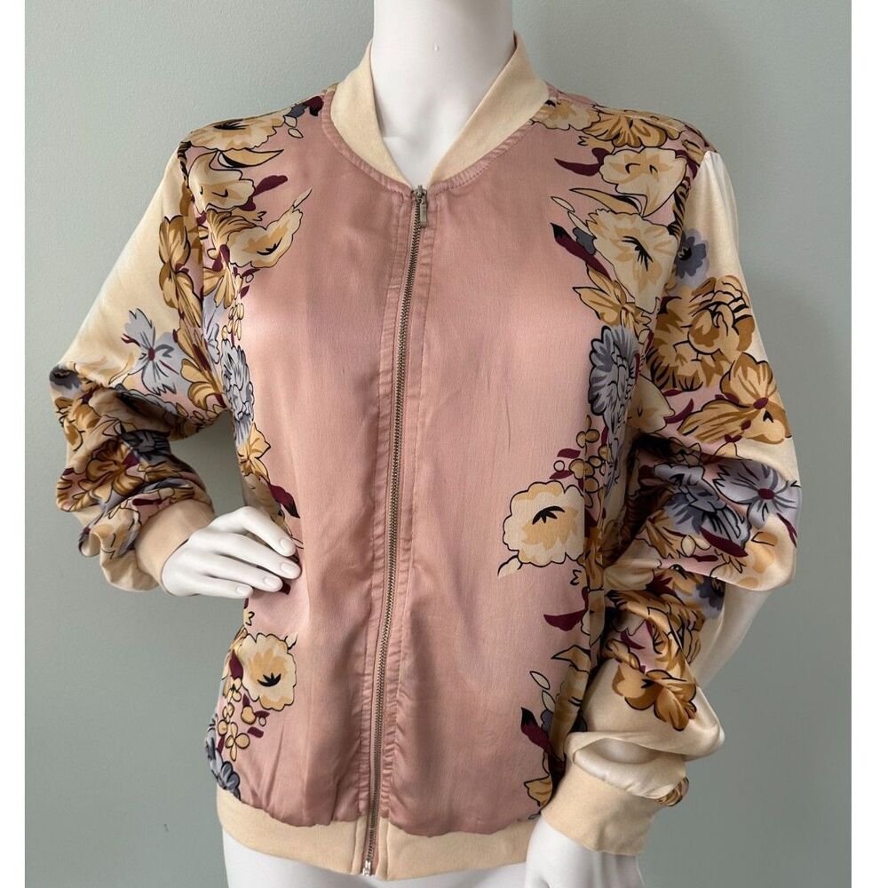 Style House Blush Pink Floral Satin Bomber Jacket Boho Chic Outerwear size Large